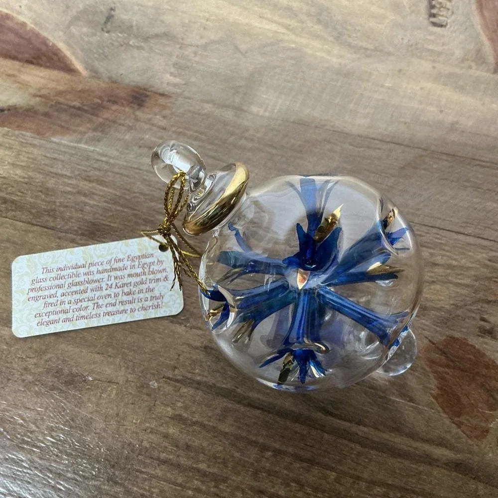 Egyptian Museum Hand Blown Glass Ornament Blue Flower 24K Gold Trim NWT